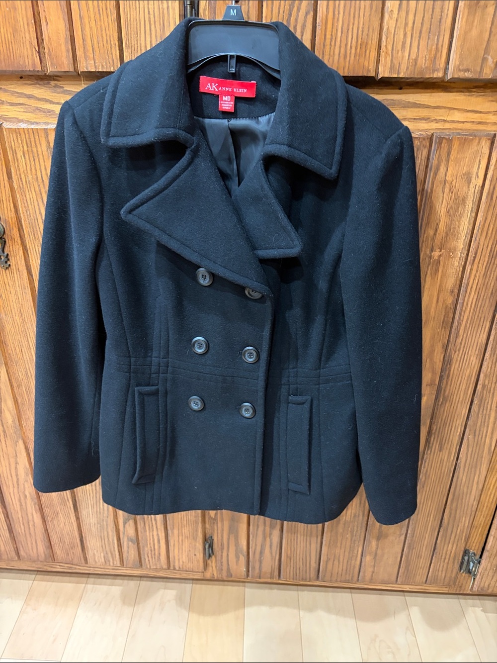 Anne Klein Black Double-Breasted Pea Coat with Notch Collar size Medium